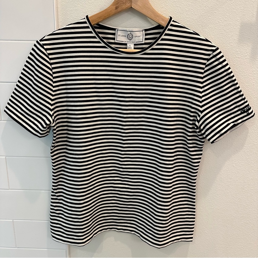 St. John Sport by Marie Gray Black and White Striped Short Sleeve Tee